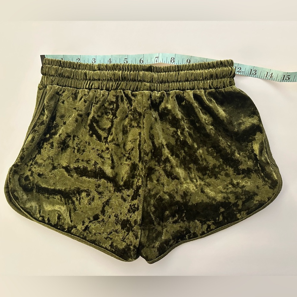Olive Green Velvet Women's Disco Shorts - Picture 2 of 5